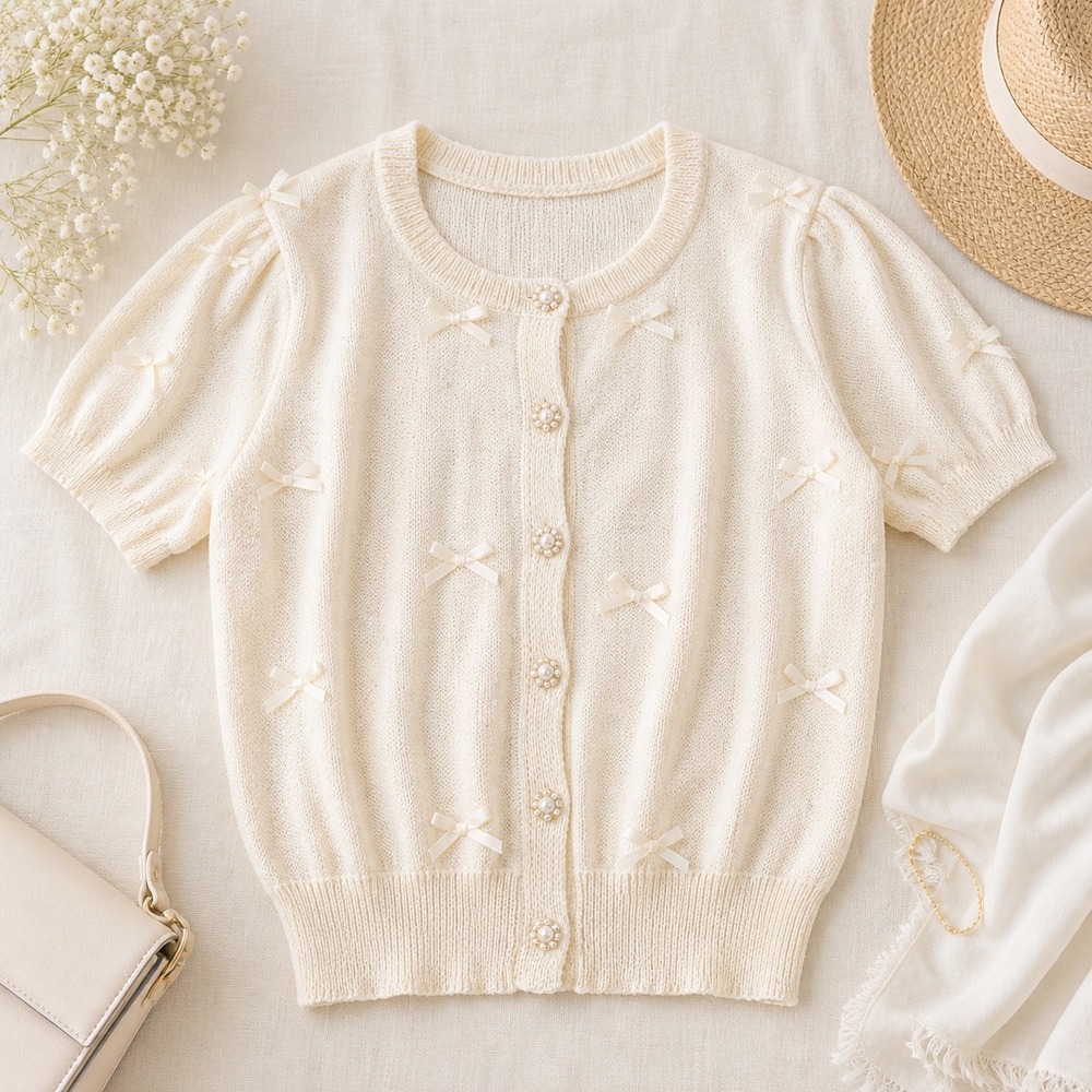Cocobleu New York Cream Sequin Bow Cardigan Pearl Button Short Sleeve Large - Picture 1 of 9